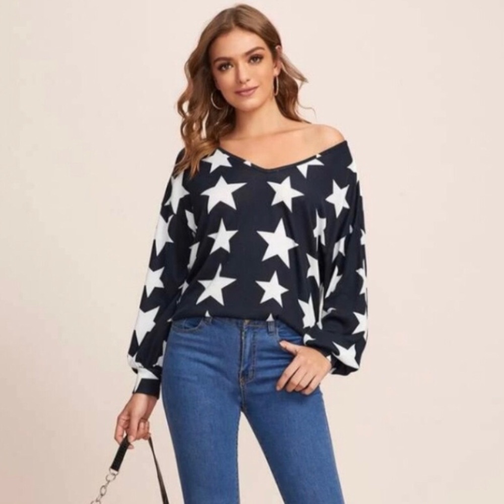SHEIN Black w/White Stars Sweater Americana Patriotic Off Shoulder